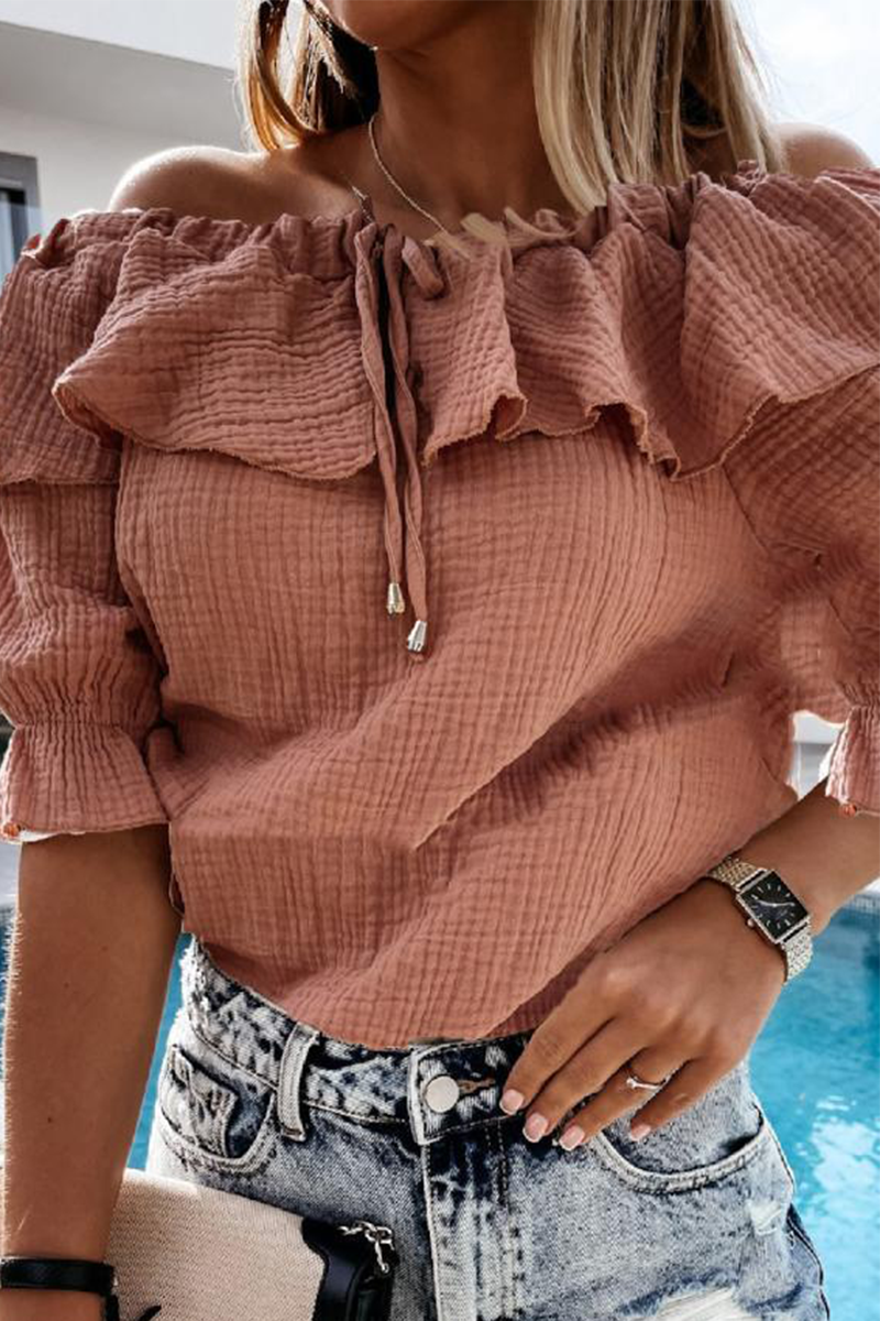 WW | Casual Street Solid Frenulum Flounce Off The Shoulder Blouses