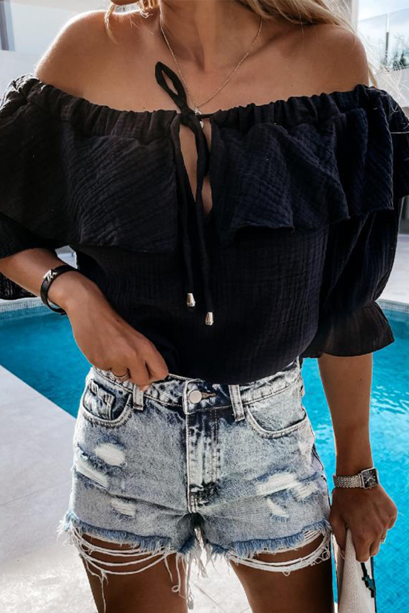 WW | Casual Street Solid Frenulum Flounce Off The Shoulder Blouses