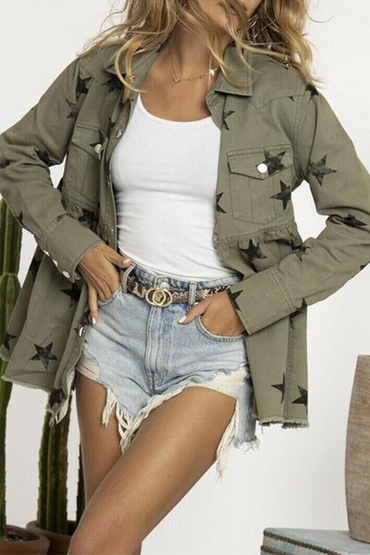 WW | The Stars Tassel Buckle Turn-down Collar Long Sleeve Denim Jacket