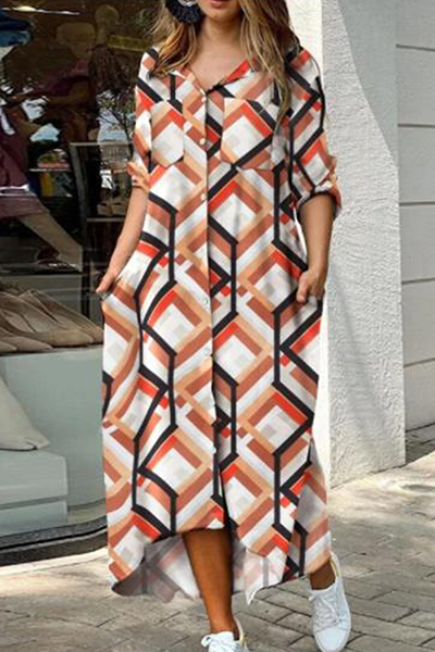 WW | Lässiges Print-Camouflage-Print-Pailletten-Schnallen-Umschlagkragen-Hemdkleid Kleider