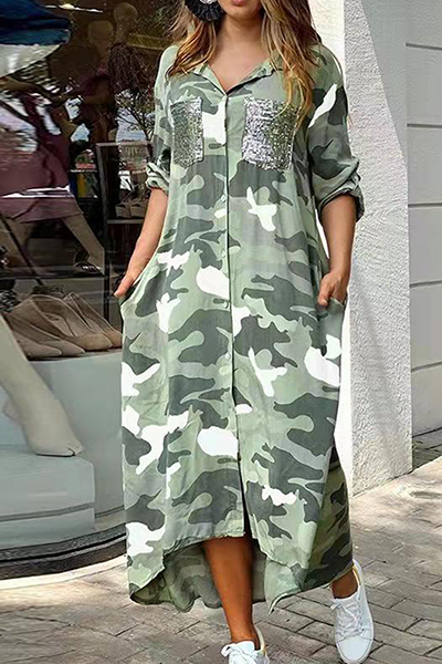 WW | Lässiges Print-Camouflage-Print-Pailletten-Schnallen-Umschlagkragen-Hemdkleid Kleider