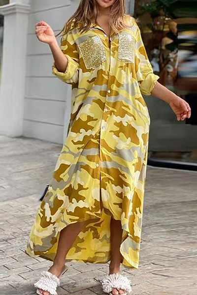 WW | Lässiges Print-Camouflage-Print-Pailletten-Schnallen-Umschlagkragen-Hemdkleid Kleider