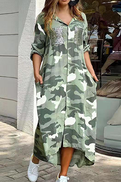 WW | Lässiges Print-Camouflage-Print-Pailletten-Schnallen-Umschlagkragen-Hemdkleid Kleider