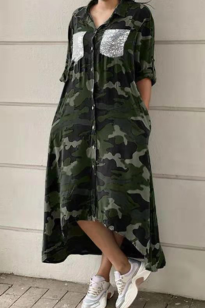 WW | Lässiges Print-Camouflage-Print-Pailletten-Schnallen-Umschlagkragen-Hemdkleid Kleider