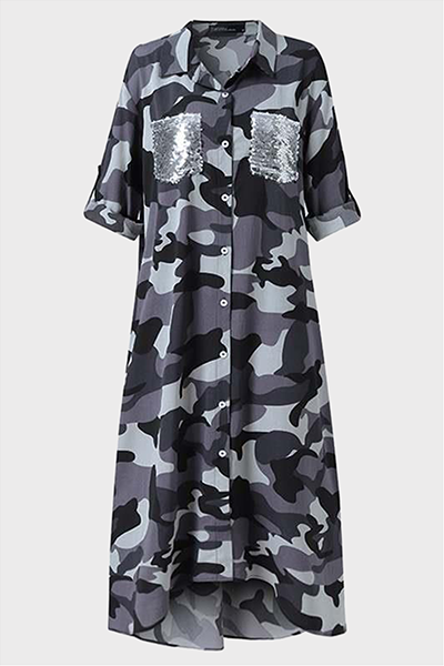 WW | Lässiges Print-Camouflage-Print-Pailletten-Schnallen-Umschlagkragen-Hemdkleid Kleider