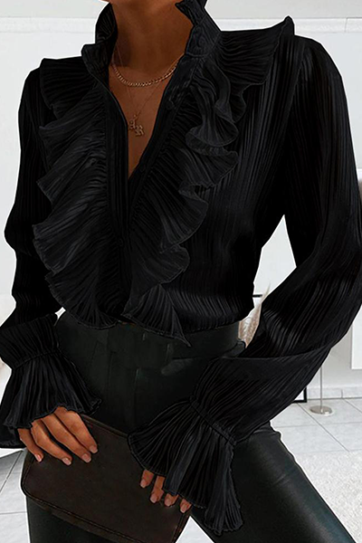WW | Elegant Plain Buckle Ruffle Shirts with Mandarin Collar - 4 Colors