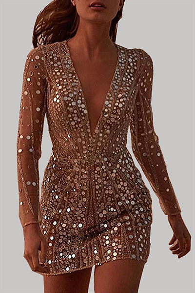 WW | Elegant Patchwork Pailletten Transparent Mesh V-Ausschnitt Bleistiftrock Kleider