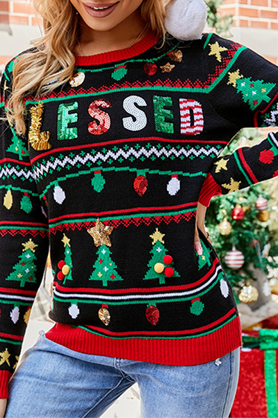 WW | Lässige Buchstaben Weihnachtsbaum Druck Pailletten Split Joint O Hals Tops