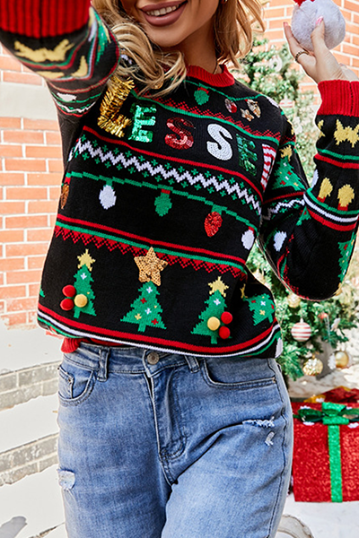 WW | Lässige Buchstaben Weihnachtsbaum Druck Pailletten Split Joint O Hals Tops