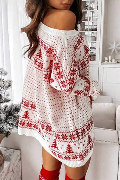 WW | Lässige Wapiti Schneeflocken Weihnachtsbaum Gedruckte Patchwork Kontrast O-Ausschnitt Kleider Pullover