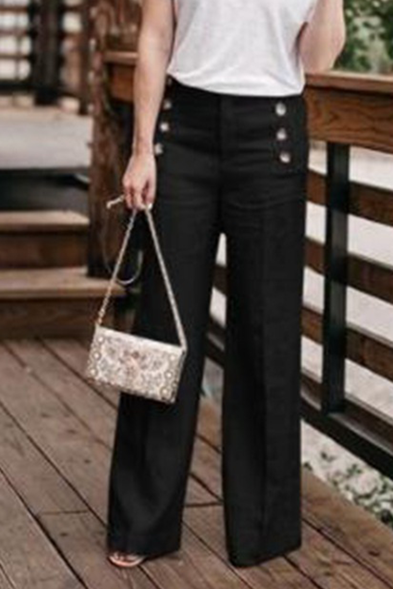 WW | Bequeme Solide Schnalle Gerade Hohe Taille Breite Hosen Einfarbige Farbe Bund