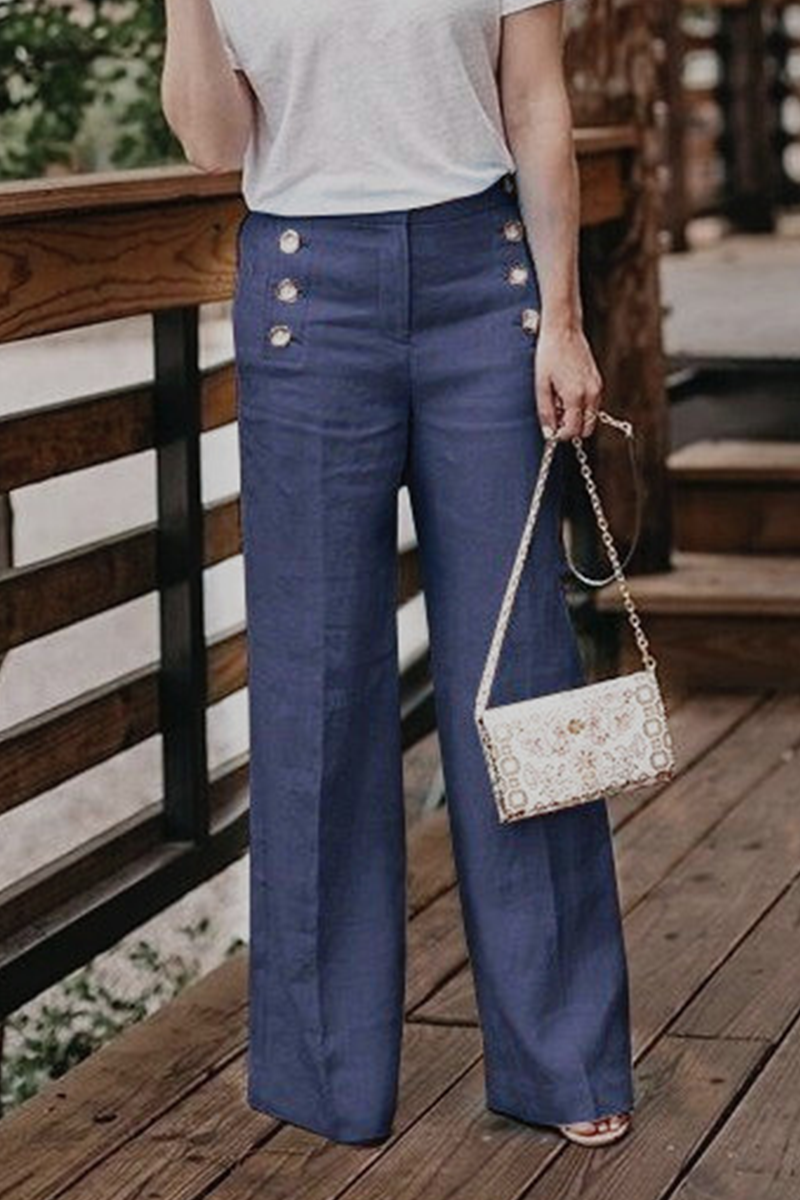 WW | Bequeme Solide Schnalle Gerade Hohe Taille Breite Hosen Einfarbige Farbe Bund