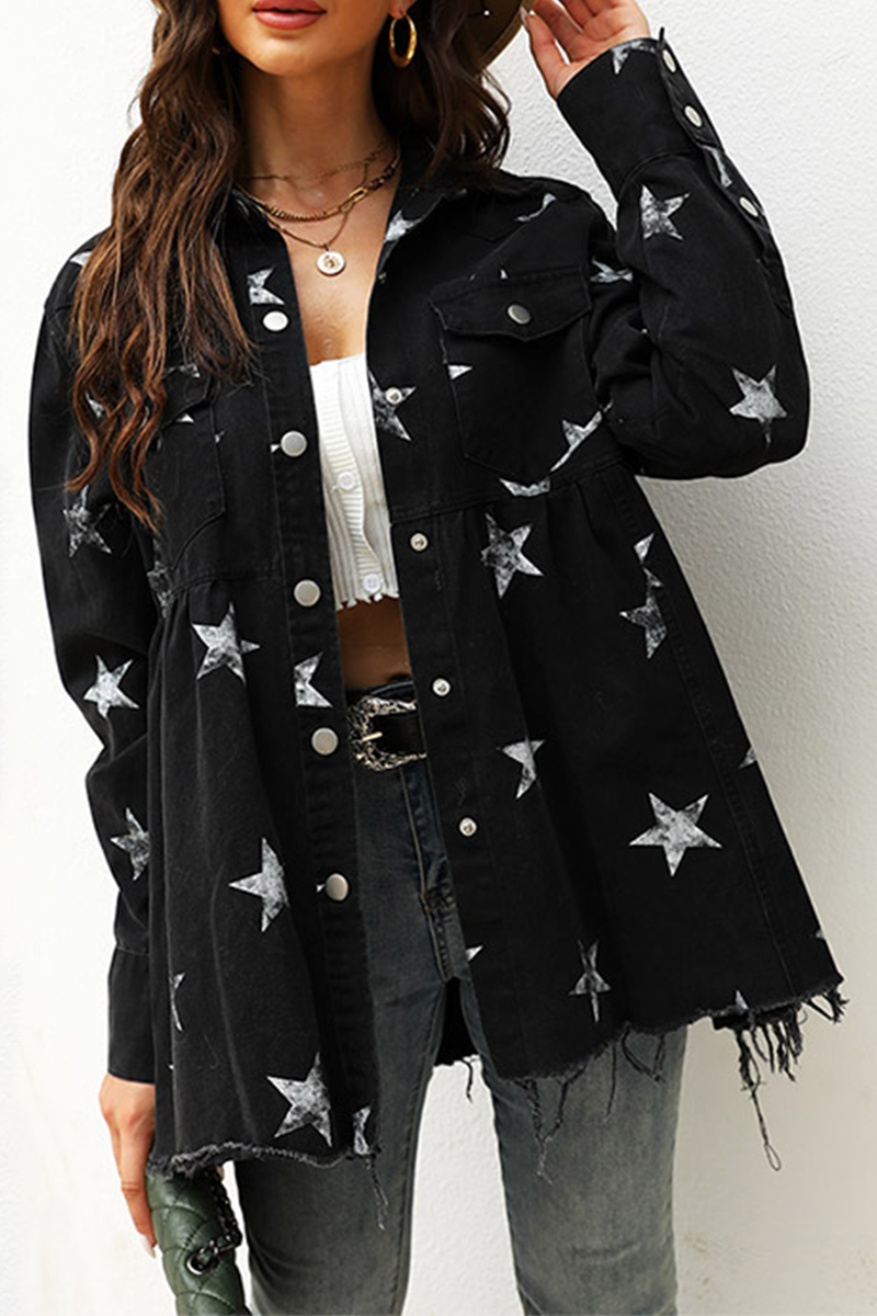 WW | Die Sterne Quasten Schnalle Umklappkragen Langarm Denimjacke