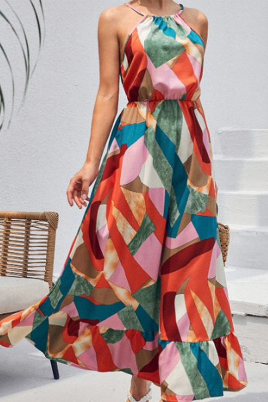 WW | Fashion Print Split Joint Halter Cake Skirts Dresses