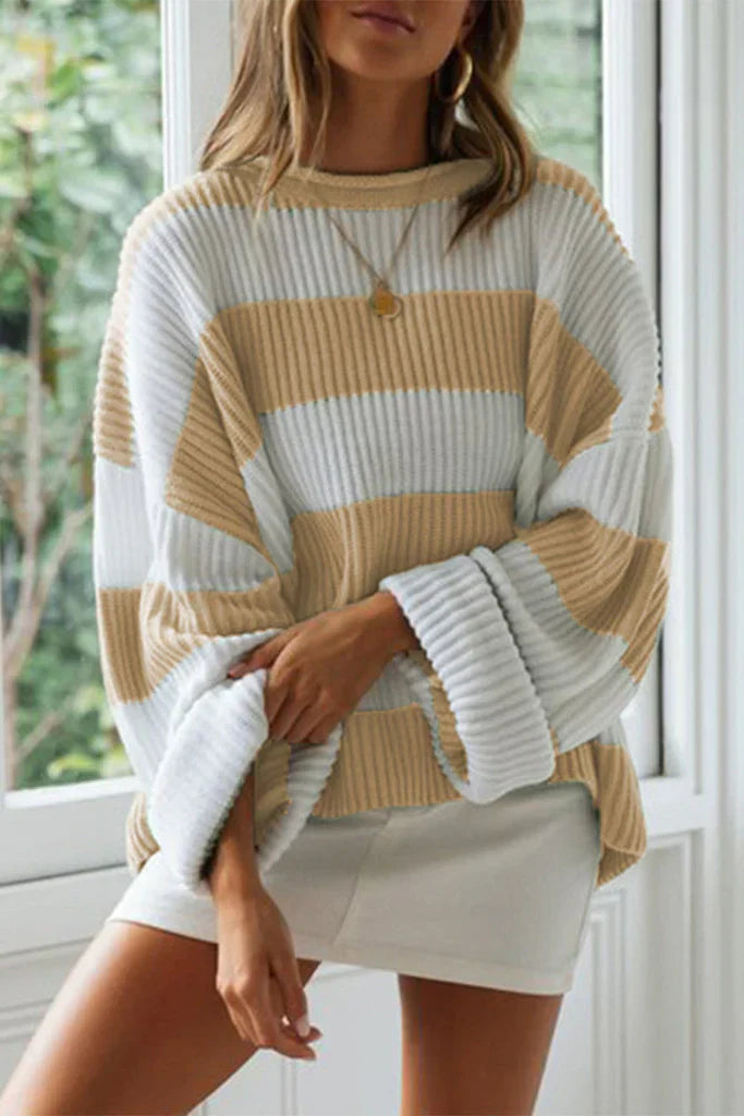 WW | Plus Size Fit Knitted Rib Structure Long Sleeves Crew Neck
