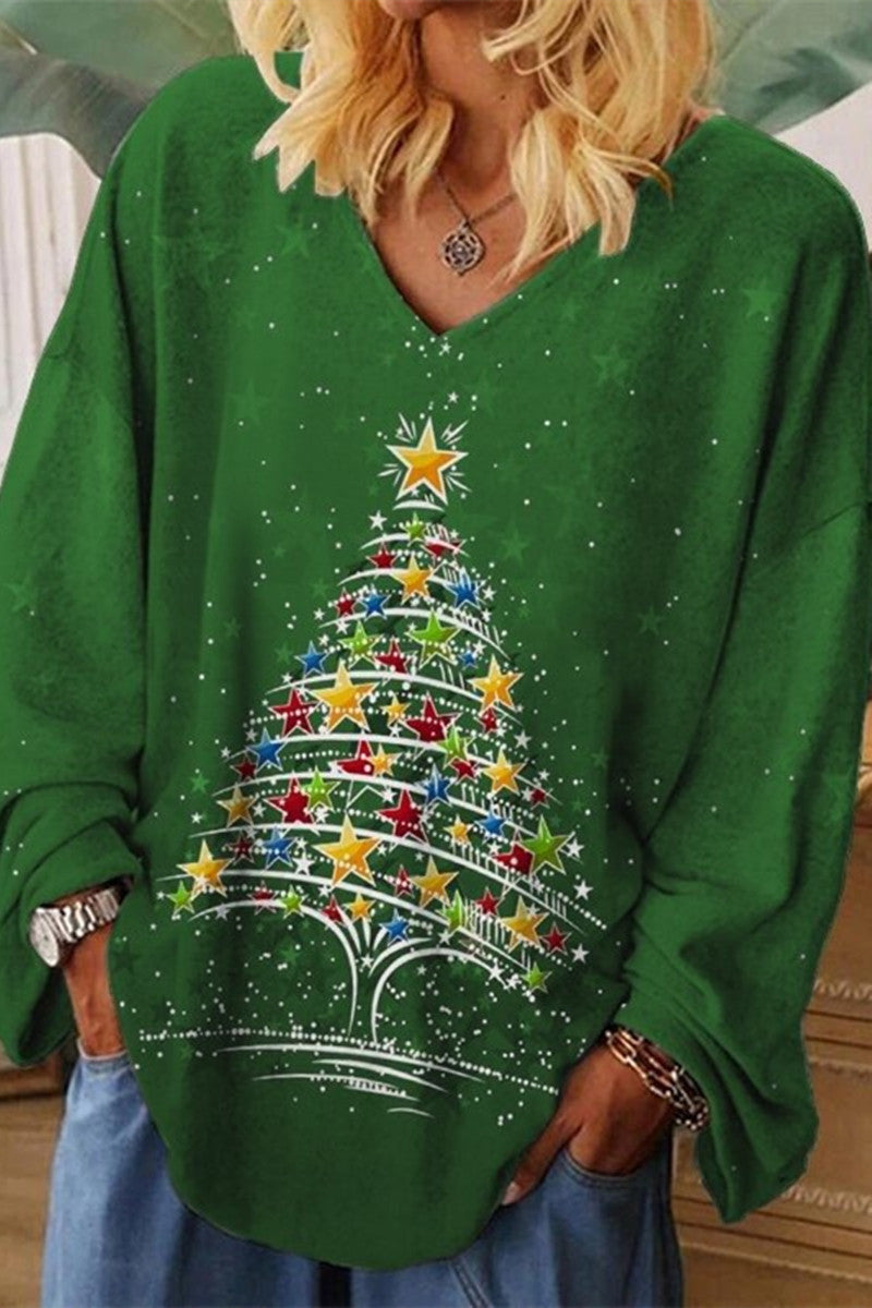 WW | Lässige Weihnachtsbaum gedruckte Patchwork V-Ausschnitt Tops