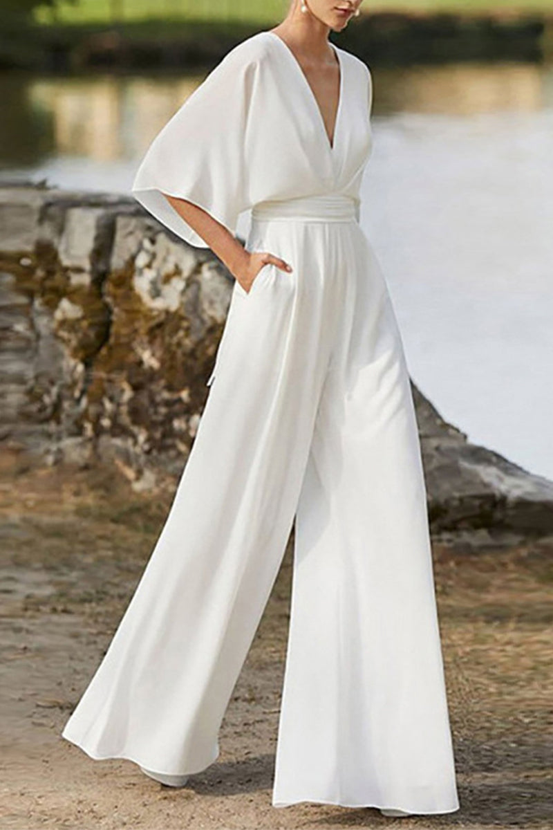 WW | Elegant Solid V-Neck Boot Cut Jumpsuits