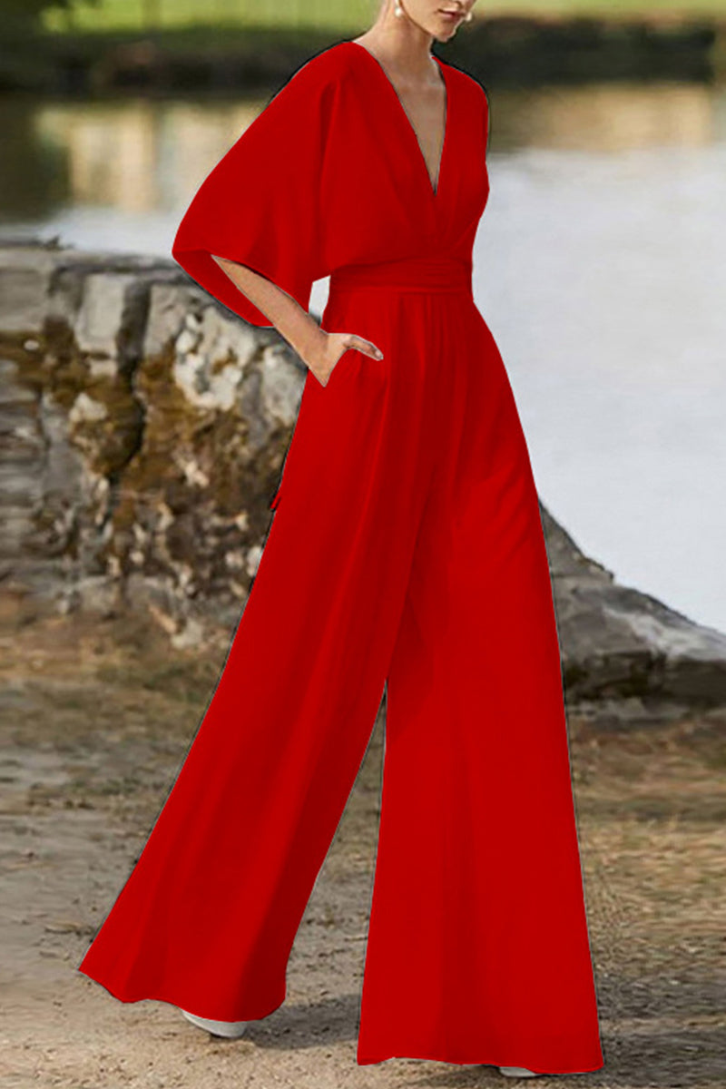 WW | Elegant Solid V-Neck Boot Cut Jumpsuits