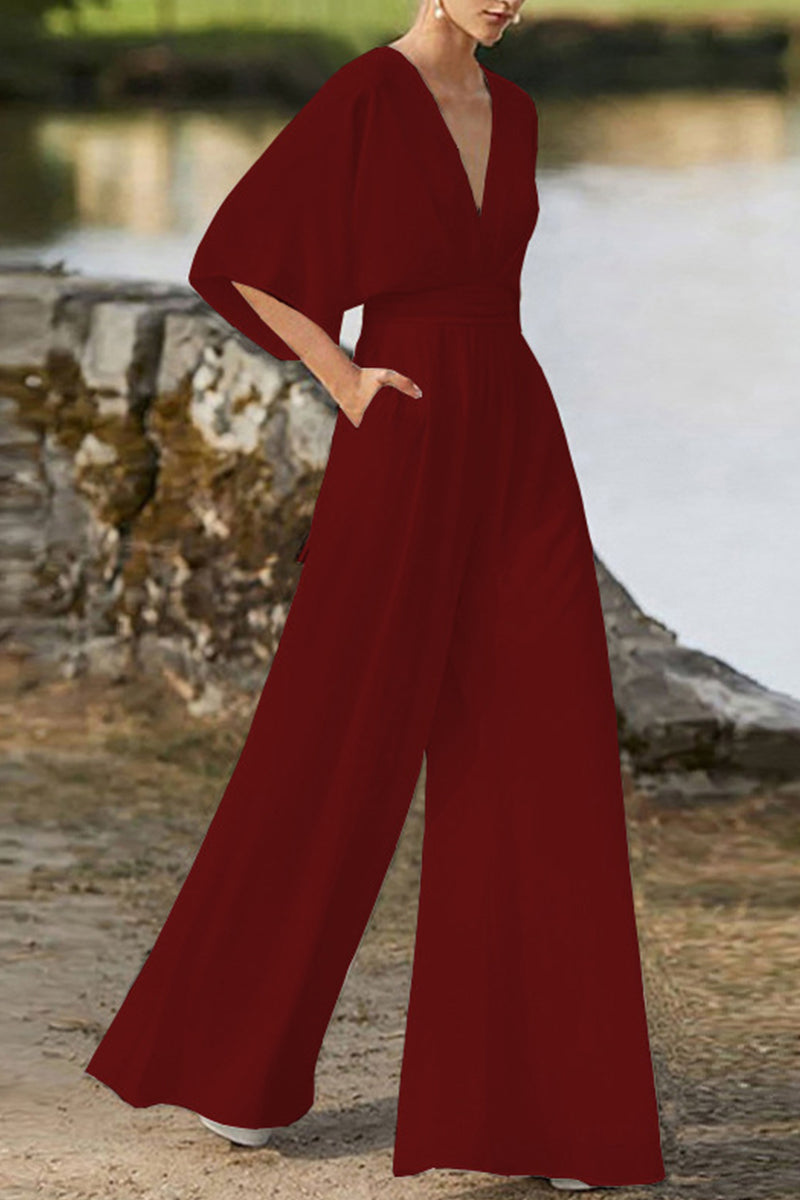 WW | Elegant Solid V-Neck Boot Cut Jumpsuits