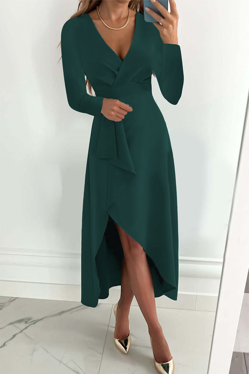 WW | Mode Solide Patchwork V-Ausschnitt Asymmetrische Kleider- 5 Farben