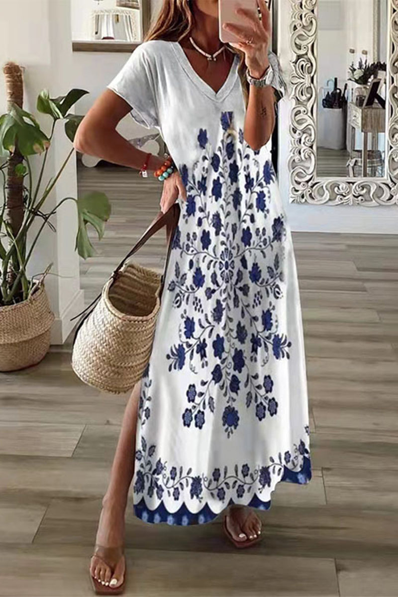 WW | Lässiges Mischdruck Patchwork Übersee Bedrucktes Kleid Kurze Ärmel Kleid