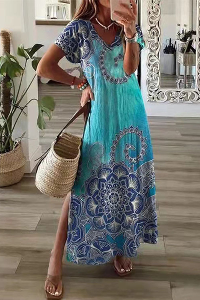 WW | Lässiges Mischdruck Patchwork Übersee Bedrucktes Kleid Kurze Ärmel Kleid