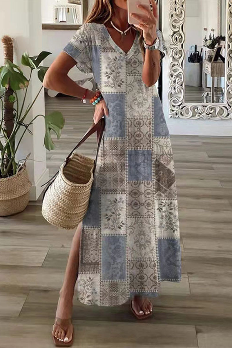 WW | Lässiges Mischdruck Patchwork Übersee Bedrucktes Kleid Kurze Ärmel Kleid