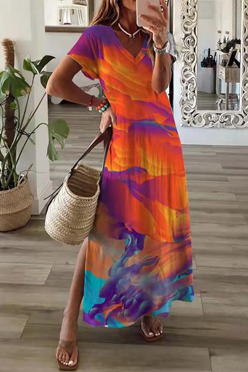WW | Lässiges Mischdruck Patchwork Übersee Bedrucktes Kleid Kurze Ärmel Kleid