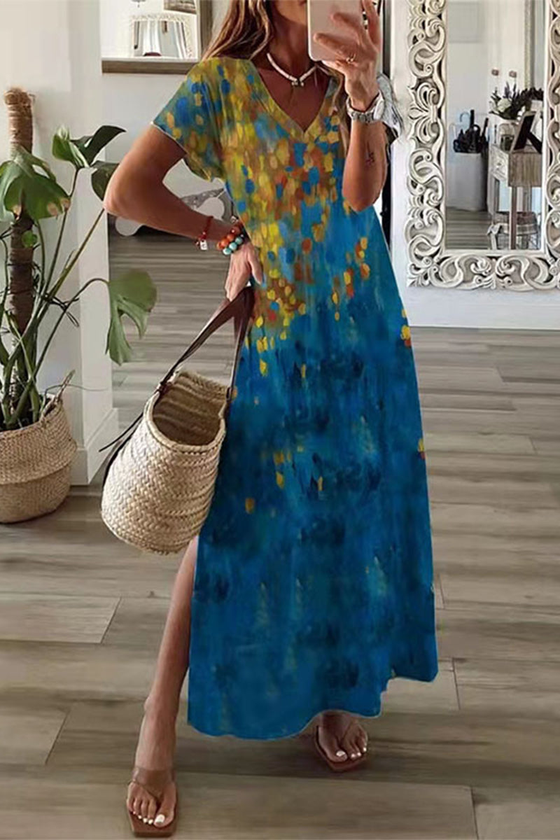 WW | Lässiges Mischdruck Patchwork Übersee Bedrucktes Kleid Kurze Ärmel Kleid