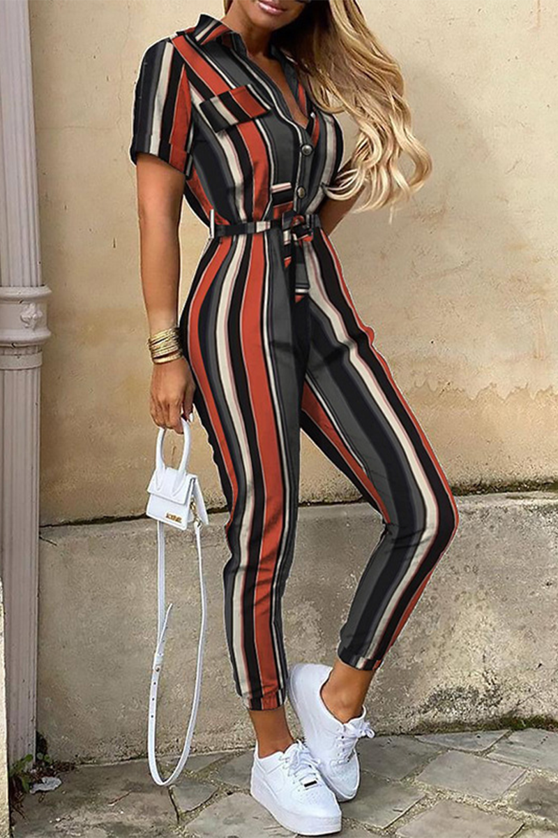 WW | Casual Print Patchwork Turn-down Collar Regular Jumpsuits
