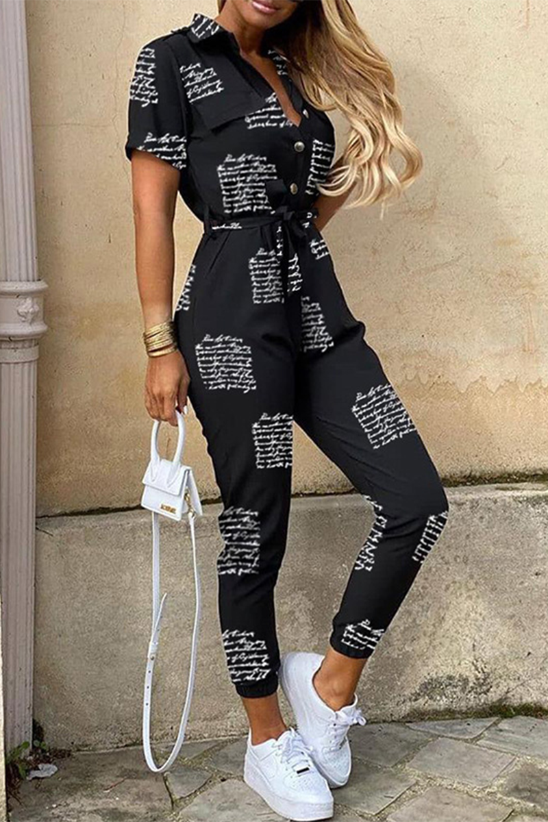 WW | Casual Print Patchwork Turn-down Collar Regular Jumpsuits