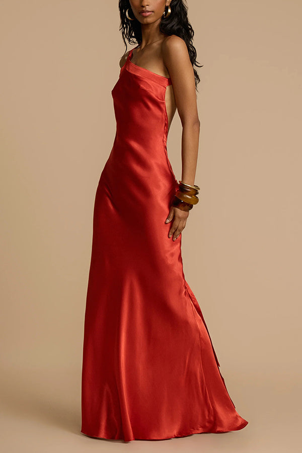 Long satin dress with asymmetric one-shoulder design and open back
