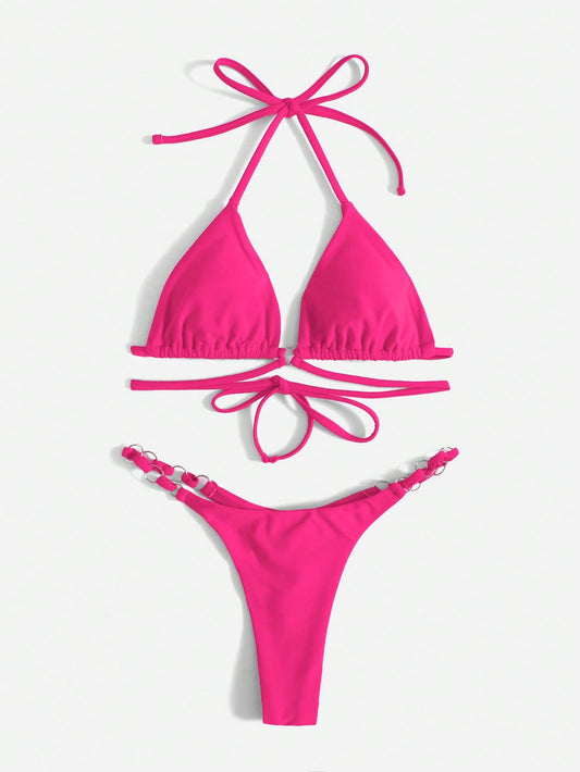 WW | Roter Halter-Triangle-Bikini mit Ringdetail für Damen