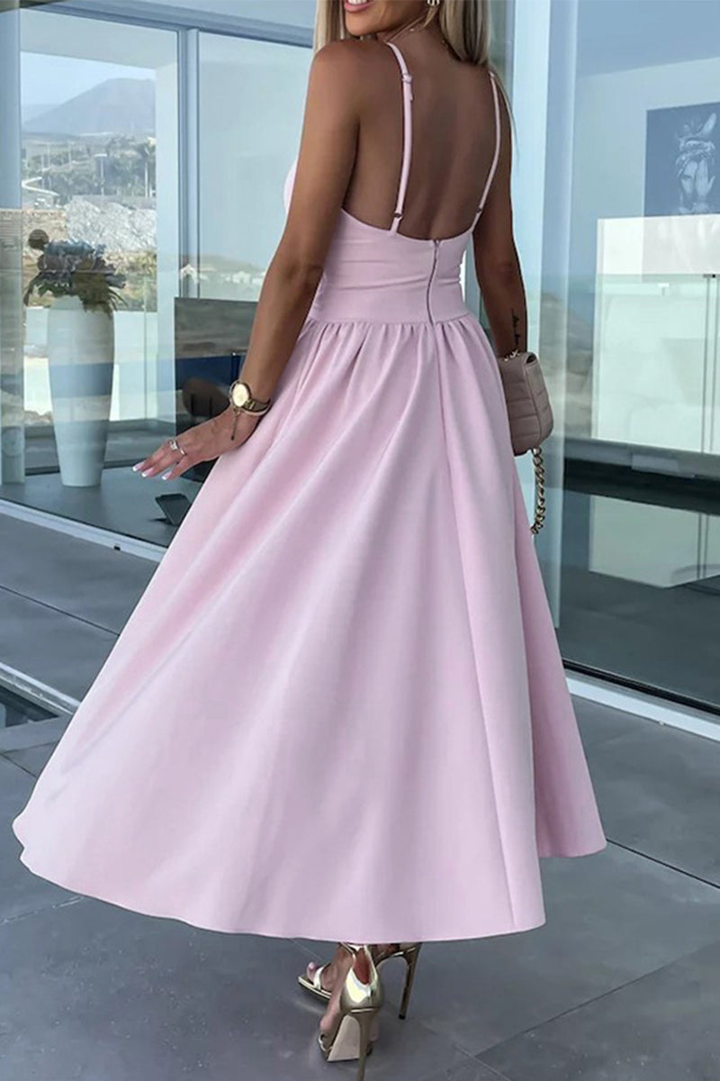 WW | Lässiges Süßes Einfarbiges Schlitz V-Ausschnitt Trägerkleid Kleider
