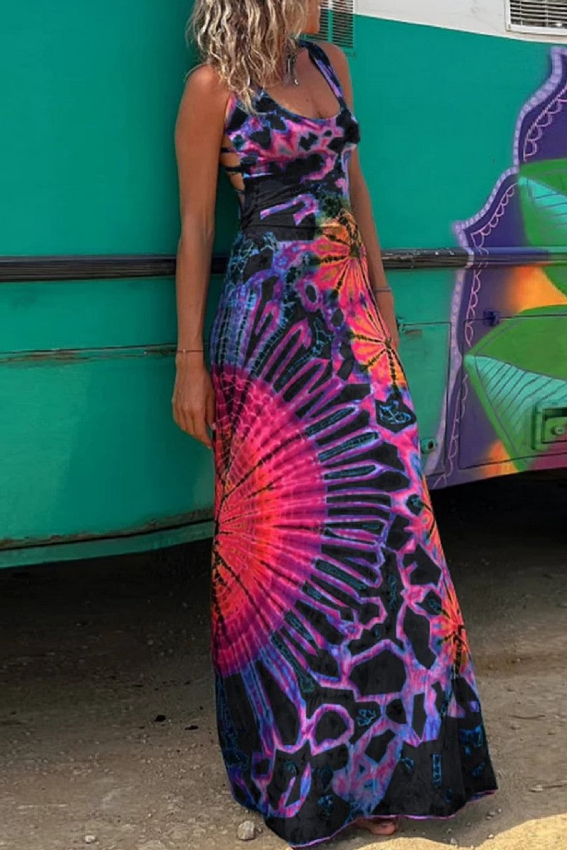 WW | Lässiges Print Rückenausschnitt U Neck Weste Kleid Kleider - 3 Farben