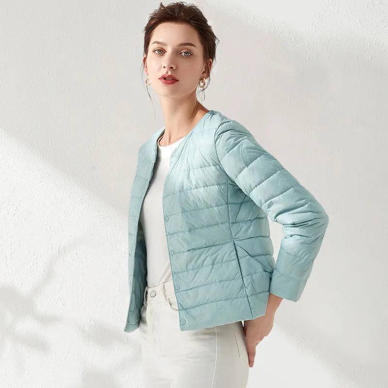 WW | Lightweight, collarless, and form-fitting quilted jacket for women