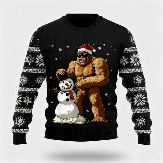 WW | Funny Animal and Snowman Pattern Design - Black Holiday Icon Sweater