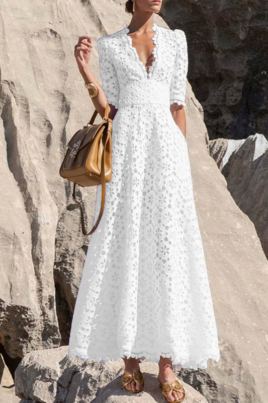 WW | Elegante Einfarbige Ausgehöhlte V-Ausschnitt Taillierte Rock Kurzarm Kleid