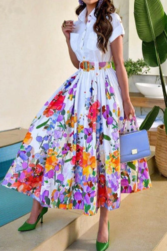 WW | Prominente Elegante Florale mit Gürtel Umgeschlagenen Kragen Bedrucktes Kleid Kurzarmkleid