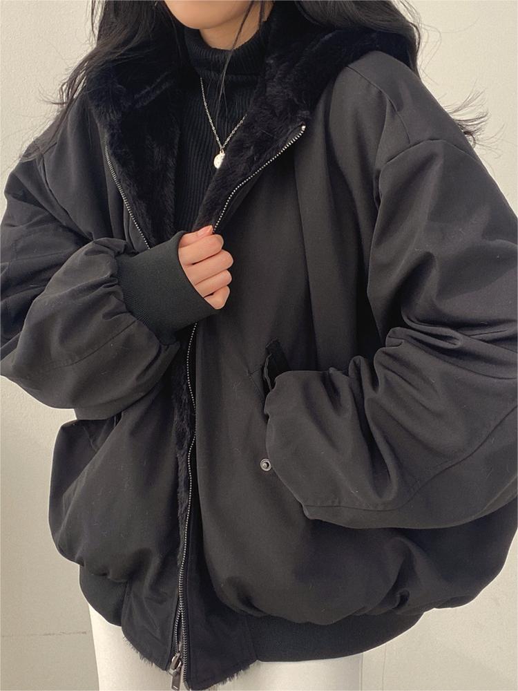 WW | Oversized Black Fleece Jacket with Hood
