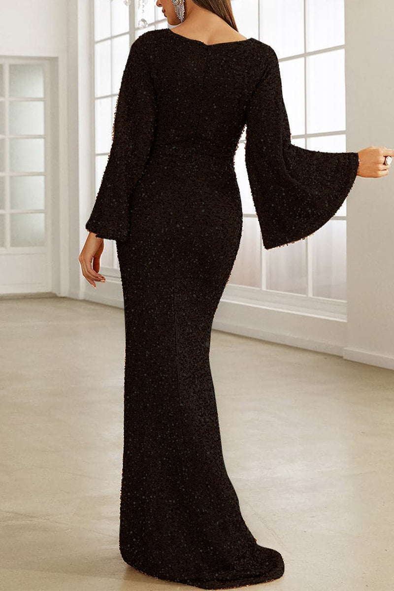 WW | Elegantes formelles einfarbiges Pailletten V-Ausschnitt Abendkleid Kleider