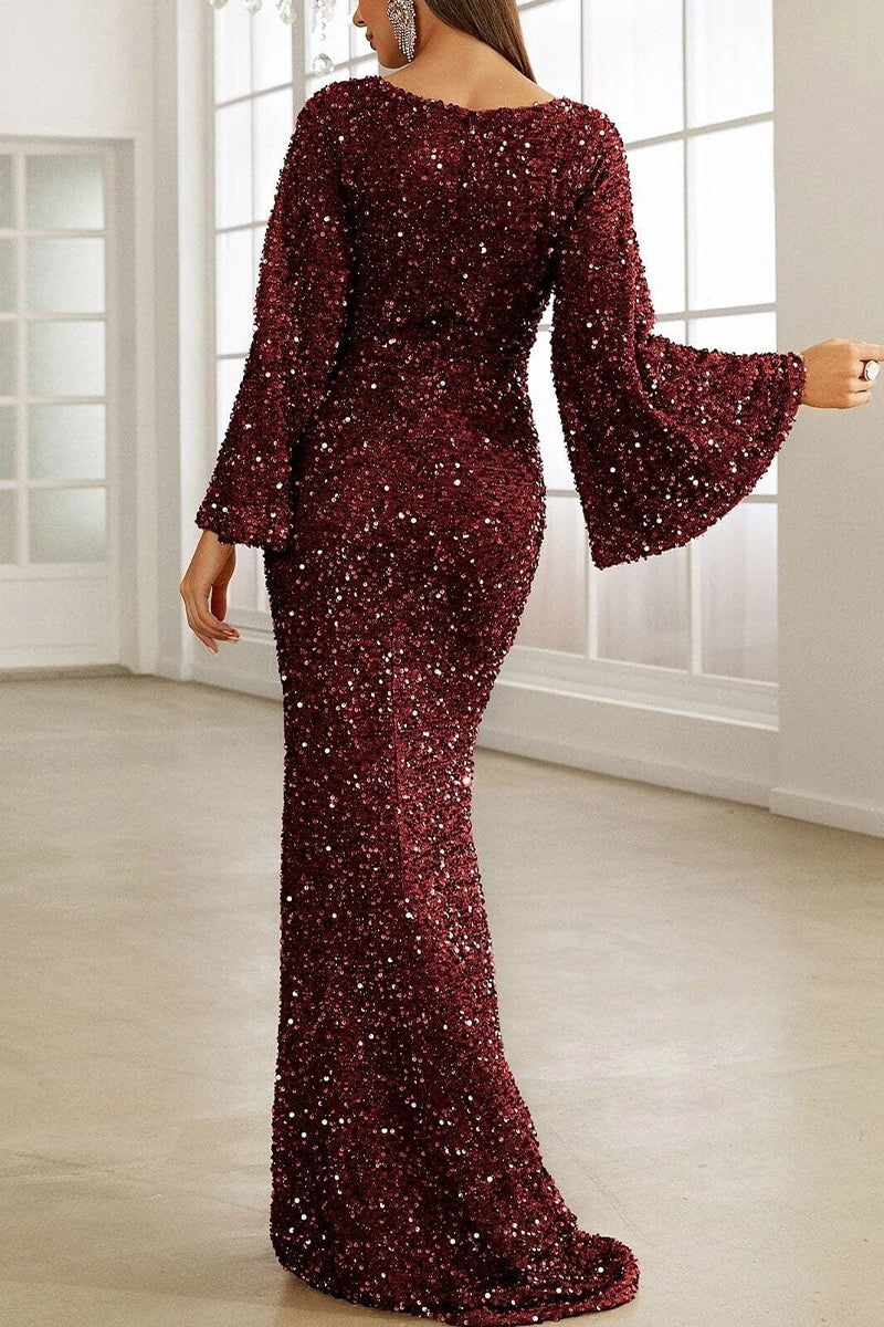 WW | Elegantes formelles einfarbiges Pailletten V-Ausschnitt Abendkleid Kleider