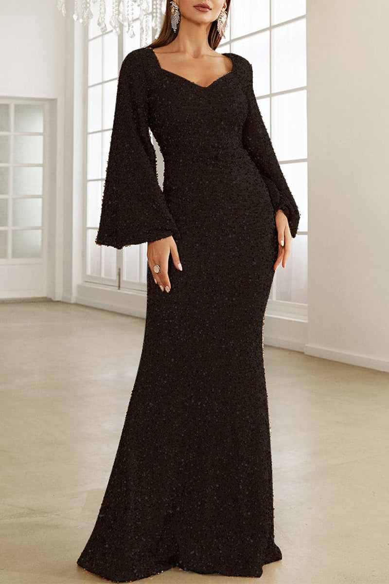 WW | Elegantes formelles einfarbiges Pailletten V-Ausschnitt Abendkleid Kleider