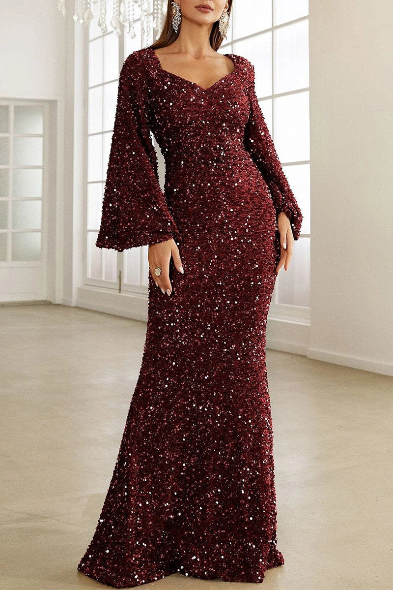 WW | Elegantes formelles einfarbiges Pailletten V-Ausschnitt Abendkleid Kleider