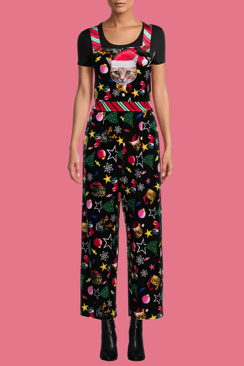WW | Casual Elk Snowflake Christmas Tree Printed Patchwork Square Collar Loose Overalls