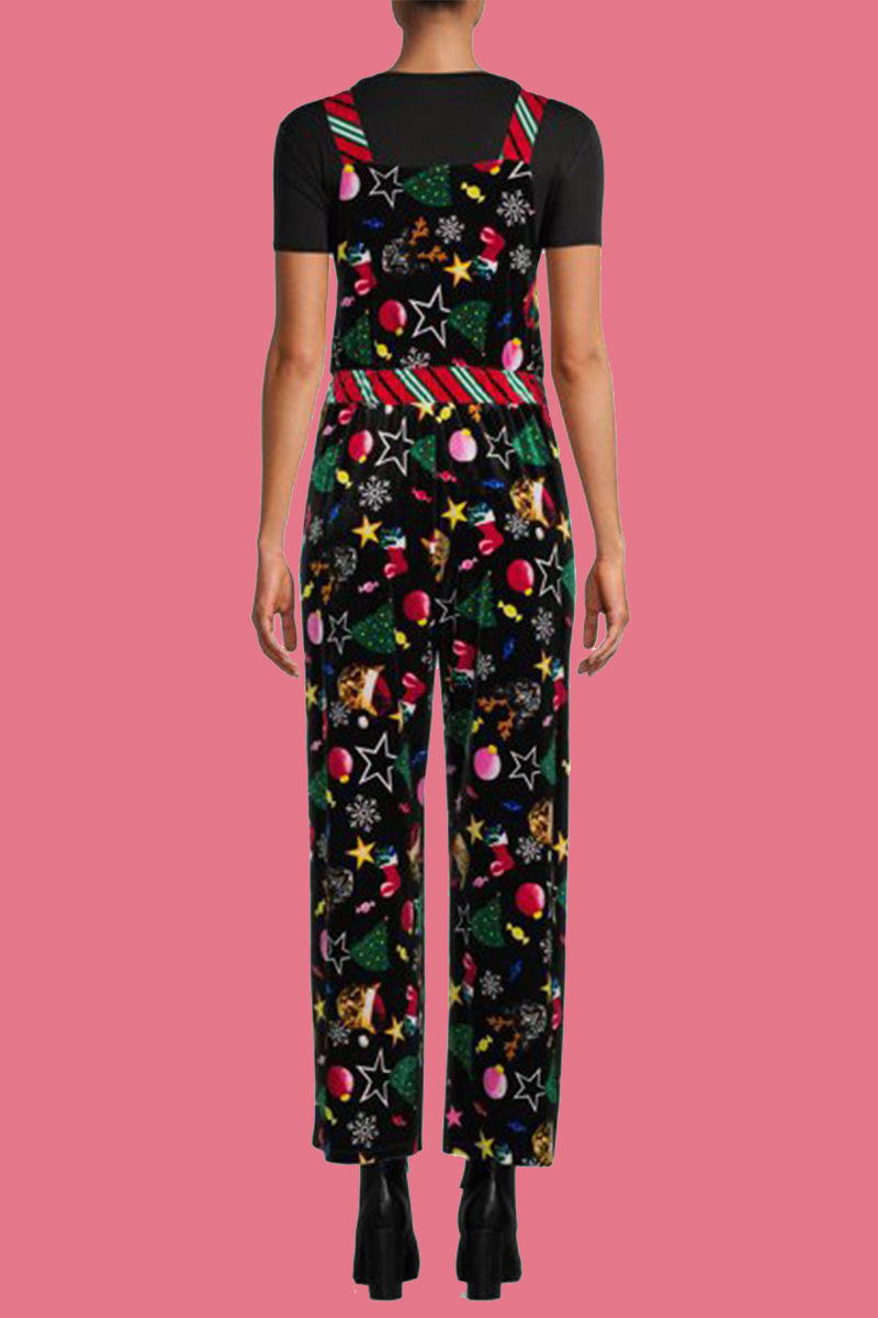 WW | Casual Elk Snowflake Christmas Tree Printed Patchwork Square Collar Loose Overalls