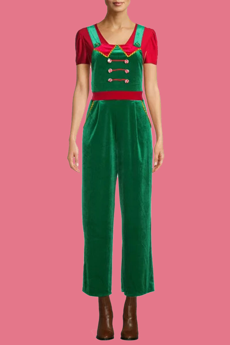 WW | Casual Elk Snowflake Christmas Tree Printed Patchwork Square Collar Loose Overalls