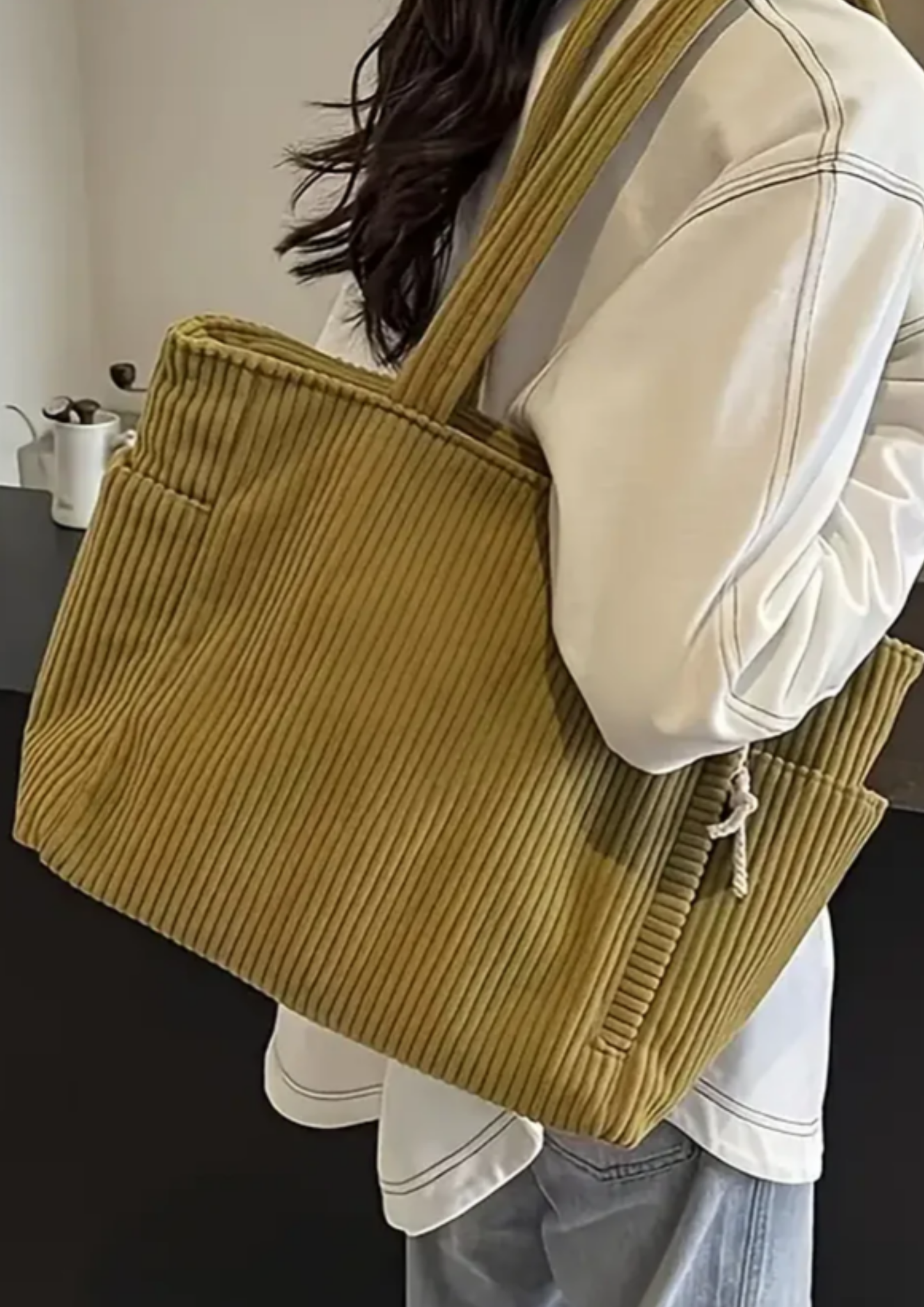 Elaria Ribbed Tote Bag with Cord Detail - Mustard