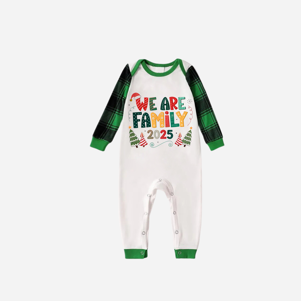 WW | Green Raglan Top Green Plaid Christmas Pyjama Set with "We Are Family" Colourful Text Print