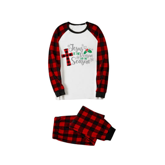 WW | Christmas "Jesus is the Reason for the Season" Letter Print White Long-Sleeve with Black&Red Plaid Pants Family Matching Pajamas